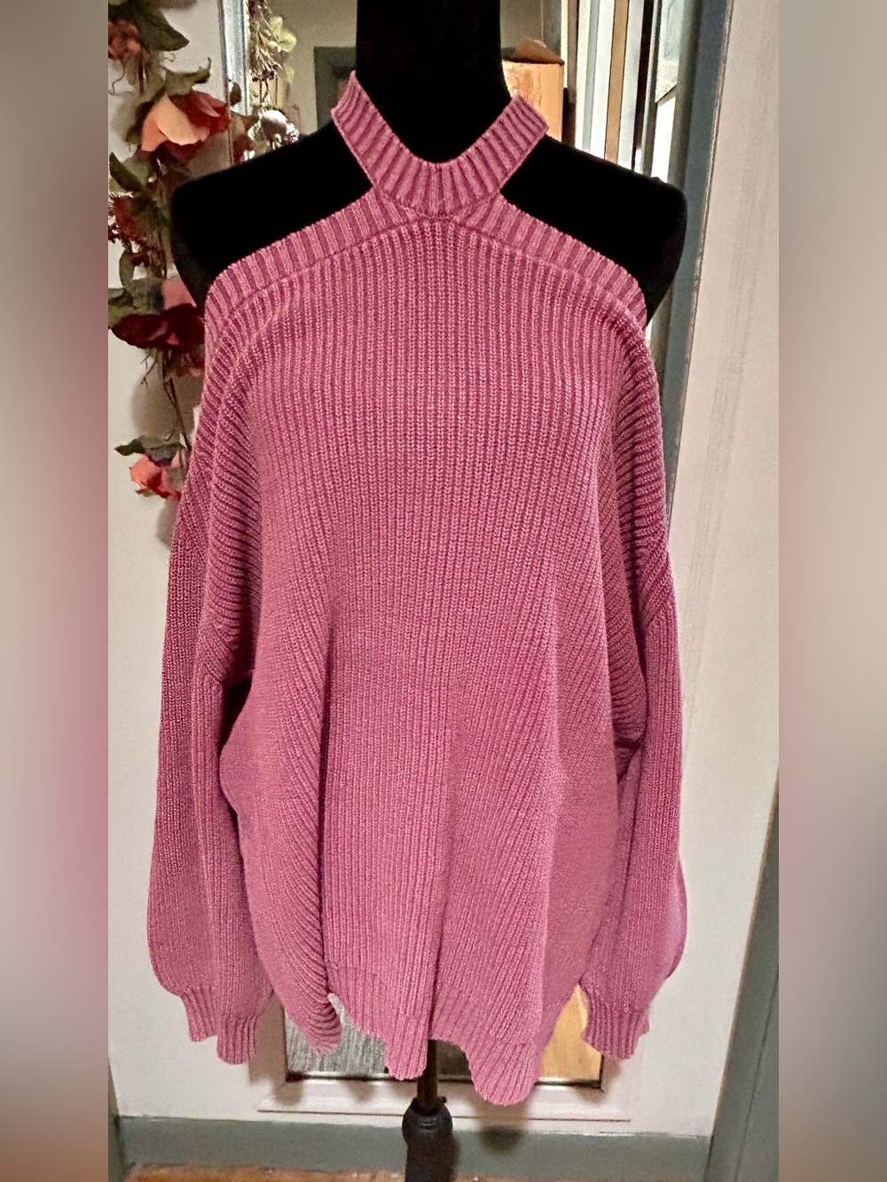 BiBi Mauve Pink Off-the-Shoulder Ribbed Halter Sweater-XL Plus- NWOT